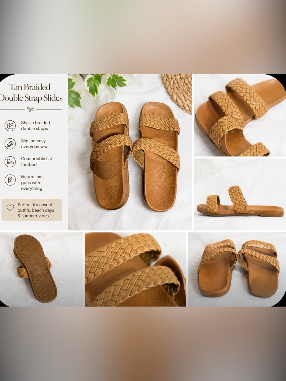 Tan Braided Double Strap Slide Sandals Flat Neutral Summer Slides 8